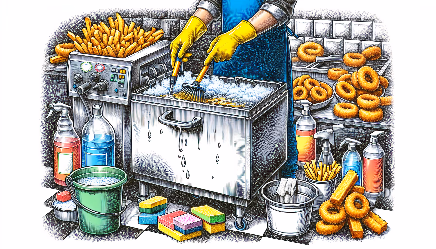 An illustration of a daily cleaning routine for a commercial deep fryer.